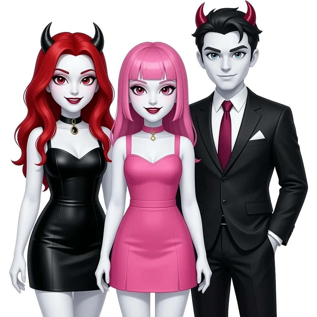 Vampiro femmina con pelle bianca e capelli rossi indossa un vestito corto neri insieme alla sua amica VAMPIRO con i capelli rosa e frangia che indossa un vestito corto rosa e la pelle bianca insieme ai loro reciproci fidanzati VAMPIRI con la pelle bianca vestiti abbinati alle fidanzate emoji