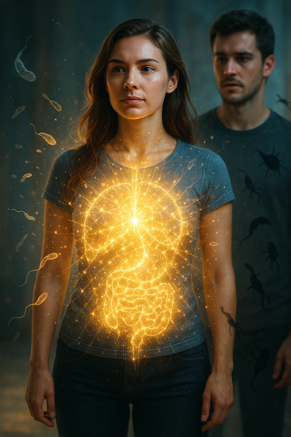 A hyper-realistic, cinematic image showing a young woman with a glowing, radiant aura symbolizing a very strong immune system. She stands confidently, surrounded by a dynamic shield of light particles and molecular energy swirling around her body, especially focused around her abdomen and chest. Against this luminous barrier, faint translucent representations of parasites—small worm-like and protozoan shapes—attempt to approach her but are visibly repelled or disintegrating upon contact with the shield. Nearby, a young man representing her boyfriend is shown with subtle, shadowy parasite silhouettes near him, some reaching toward her but unable to penetrate her immune defenses. The background is softly blurred to keep the focus on the energetic battle at the forefront, with cool blues and warm golds contrasting to symbolize health, vitality, and defense. The lighting is dramatic yet hopeful, with a cinematic 35mm film style emphasizing sharp detail on her determined face and the swirling protective energy. The overall tone conveys resilience, protection, and the unseen battle inside the body. emoji