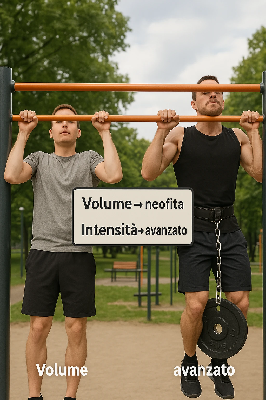 Due atleti fianco a fianco in un parco attrezzato: a sinistra il neofita che fa 10 trazioni leggere con concentrazione, a destra l’atleta avanzato con cintura zavorrata che fa 3 ripetizioni lente e pesanti. Tra loro, grafico sospeso in aria che mostra: 'Volume → neofita | Intensità → avanzato'. Stile realistico con elementi educativi visivi in italiano emoji