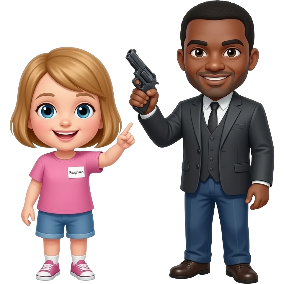 A girl with a name tag that reads “Reaghann” being pointed at by a black man with a gun emoji
