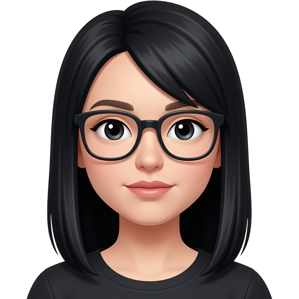 glasses, black eyes girls, tall straight hair, arched long nose, black hair, pursed lips emoji