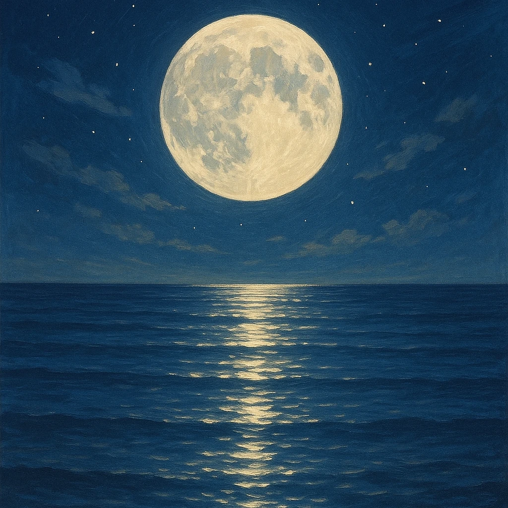 moon reflecting on the sea, beautiful night scene with moonlight shimmering on calm sea water, general illustration style emoji