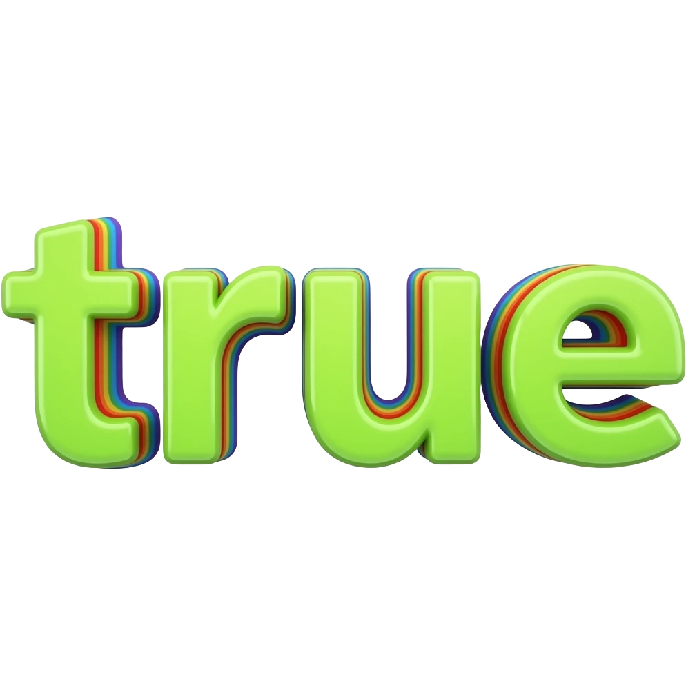 name "true" in neon lime green, 3D style typography lettering, each color of the rainbow as a border outlined around each letter, isolated, 3d rendering, no emoji icons no emoji faces and must have no human figures emoji