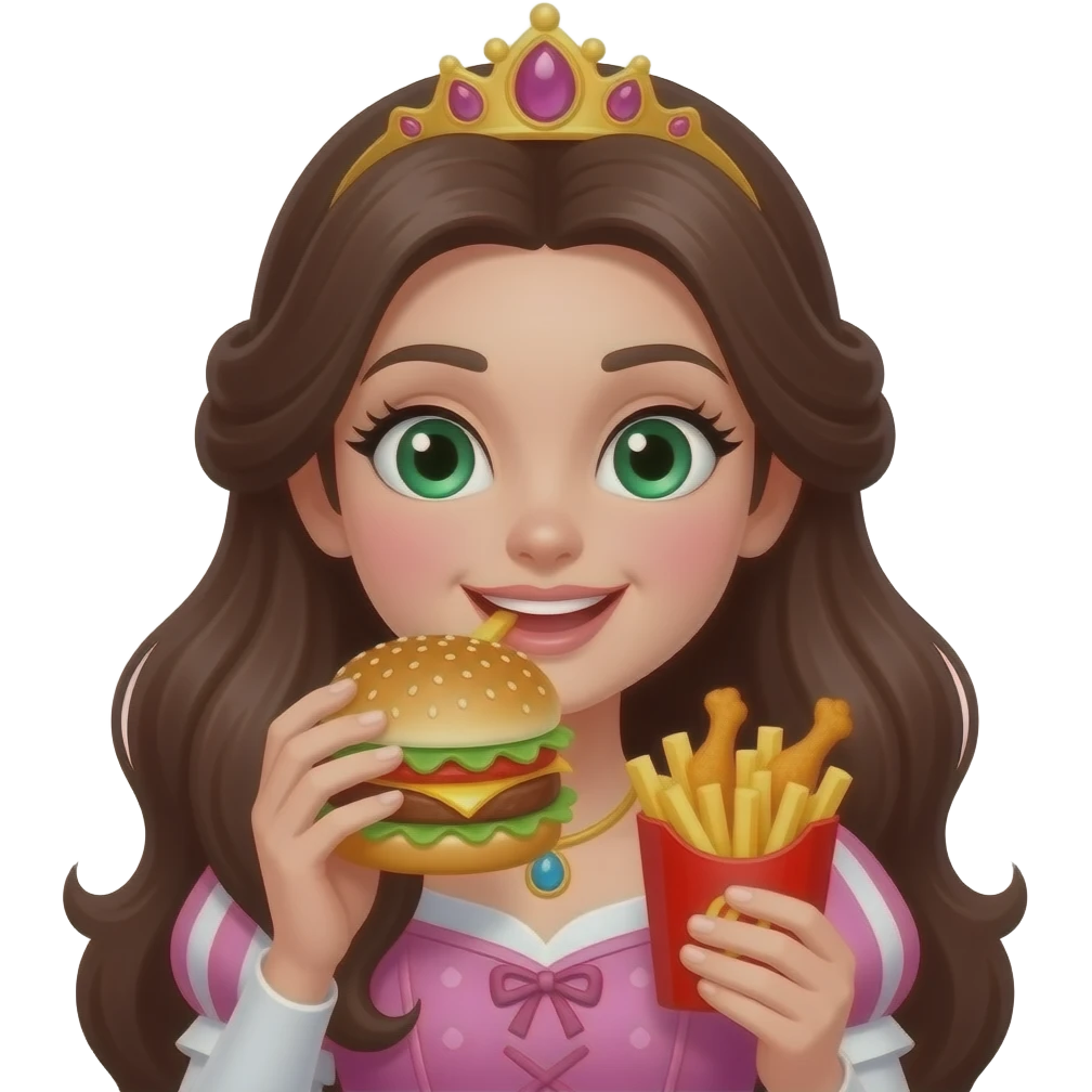 princess with long dark brown hair and green eyes with eyelashes eating burger and fries and chicken wings emoji