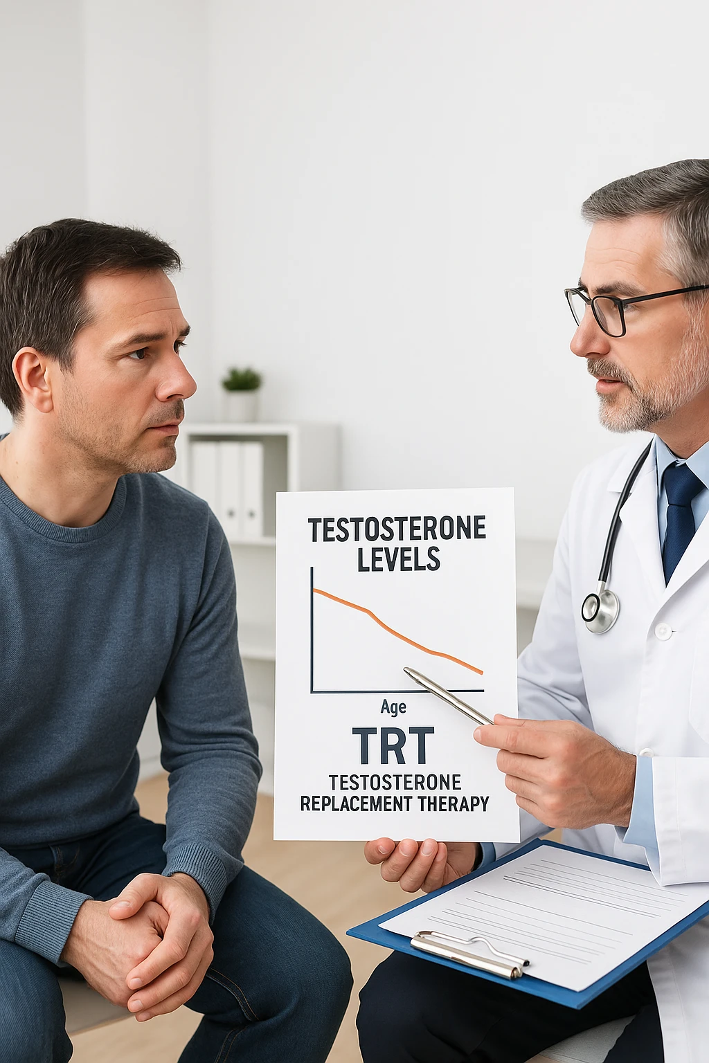 a man in his 40s sits in a doctor’s office, listening attentively as a physician explains TRT (Testosterone Replacement Therapy). The doctor holds a prescription pad and points to an educational chart showing testosterone levels. The mood is professional and informative, with a clean, clinical background. in italiano emoji