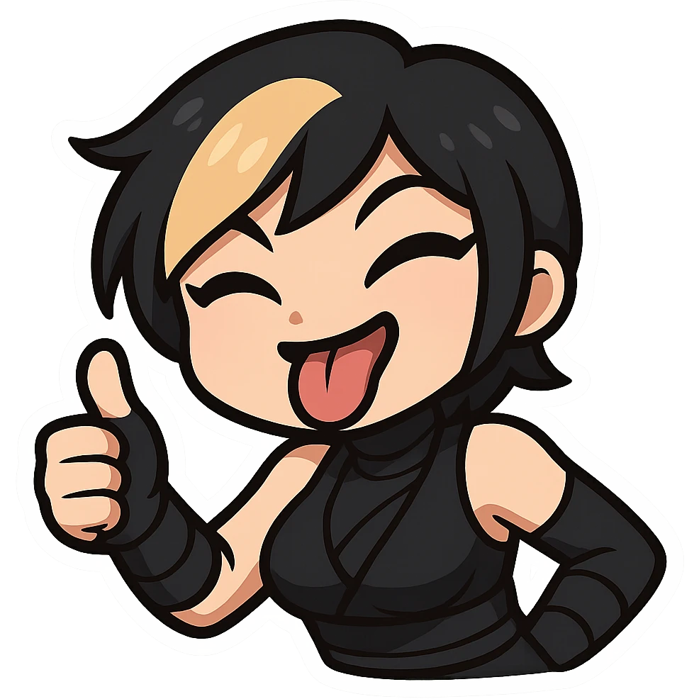 Sexy chibi ninja girl with black short hair and a blonde streak, only head and arms, giving a thumbs up, bold outlines, no mask, making a silly face with tongue out, sized for Twitch emoji use. emoji