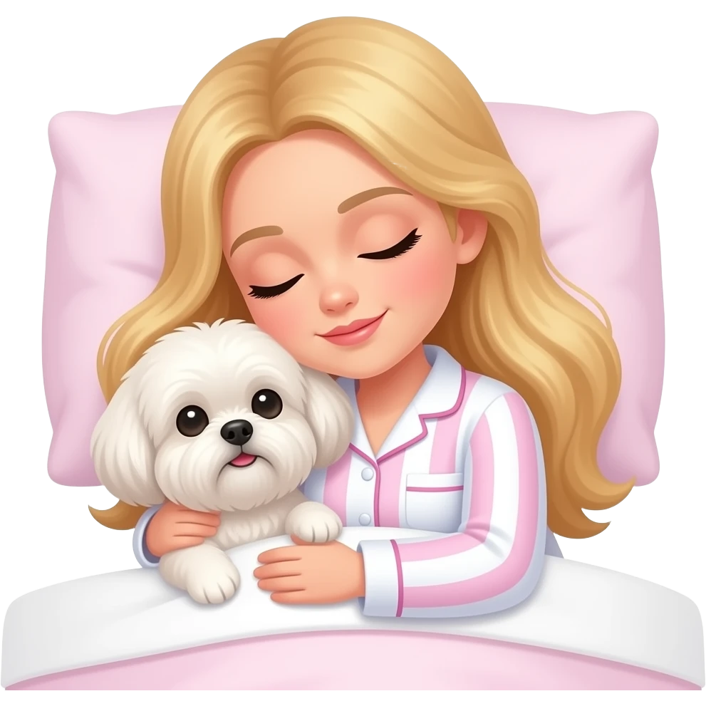 A blonde girl with long hair, wearing white pajamas with pink stripes similar to those from Victoria's Secret, is sleeping in bed hugging her Shih Tzu dog white emoji