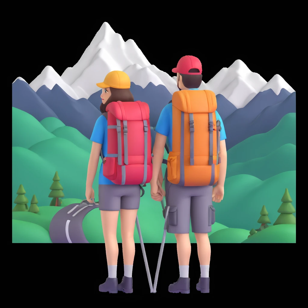 back packer couple posing, mountains in background,   close up pose emoji