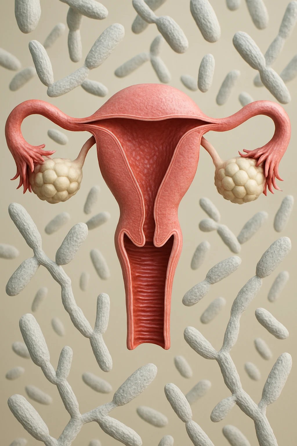 utero umano realistico con batteri della candida intorno, la foto si deve vedere per intero in formato verticale, sullo sfondo neutro chiaro ci sono batteri della candida, iperrealistico 4k emoji