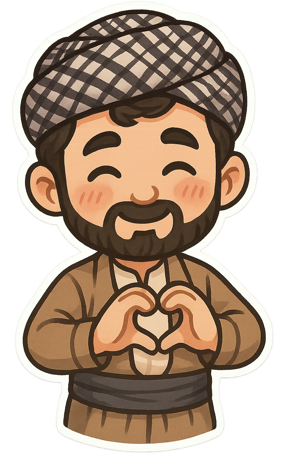Kurdish man or woman in jamadani, cartoon style, making a heart shape with hands, blushing, no text emoji