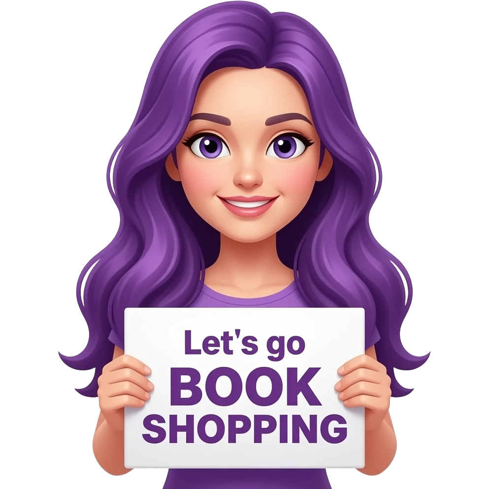 sexy girl with long purple hair holding a Let's go BOOK SHOPPING sign emoji