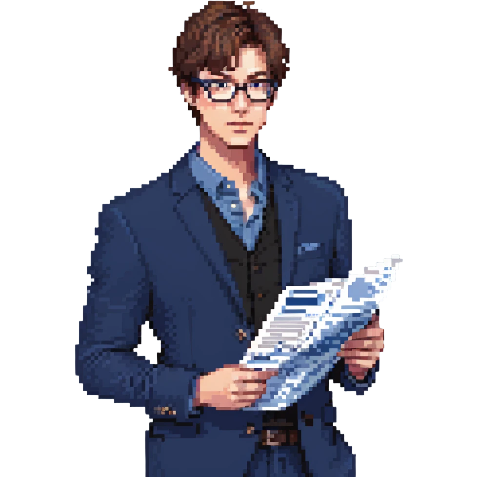 Flat pixel art, focused and reserved male architect, short sleek brown hair, wearing glasses, intense sharp eyes, wearing a deep indigo suit jacket over a black shirt, holding a blue print, waist-up, front-facing emoji