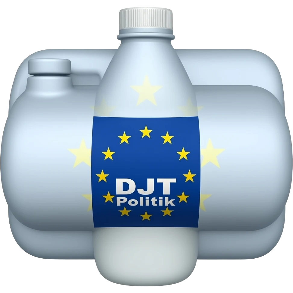 Flag of European Union on a milk bottle and he milk brand is “DJT Politik” emoji