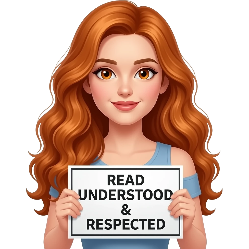 sexy girl with long wavy ginger hair and ginger eyes wearing a top is holding a READ UNDERSTOOD & RESPECTED sign emoji