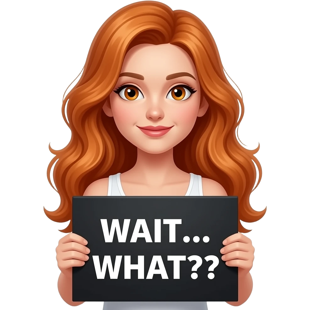 sexy girl with long ginger hair and ginger eyes wearing a white tanktop is holding a black sign with WAIT... WHAT?? written on it emoji