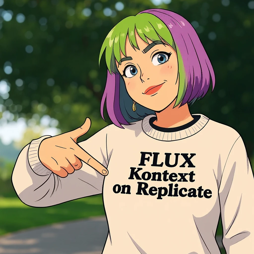 make a image of a girl with a anime version of that girl beside her wearing tshirt with text of just "FLUX Kontext" nothing else emoji