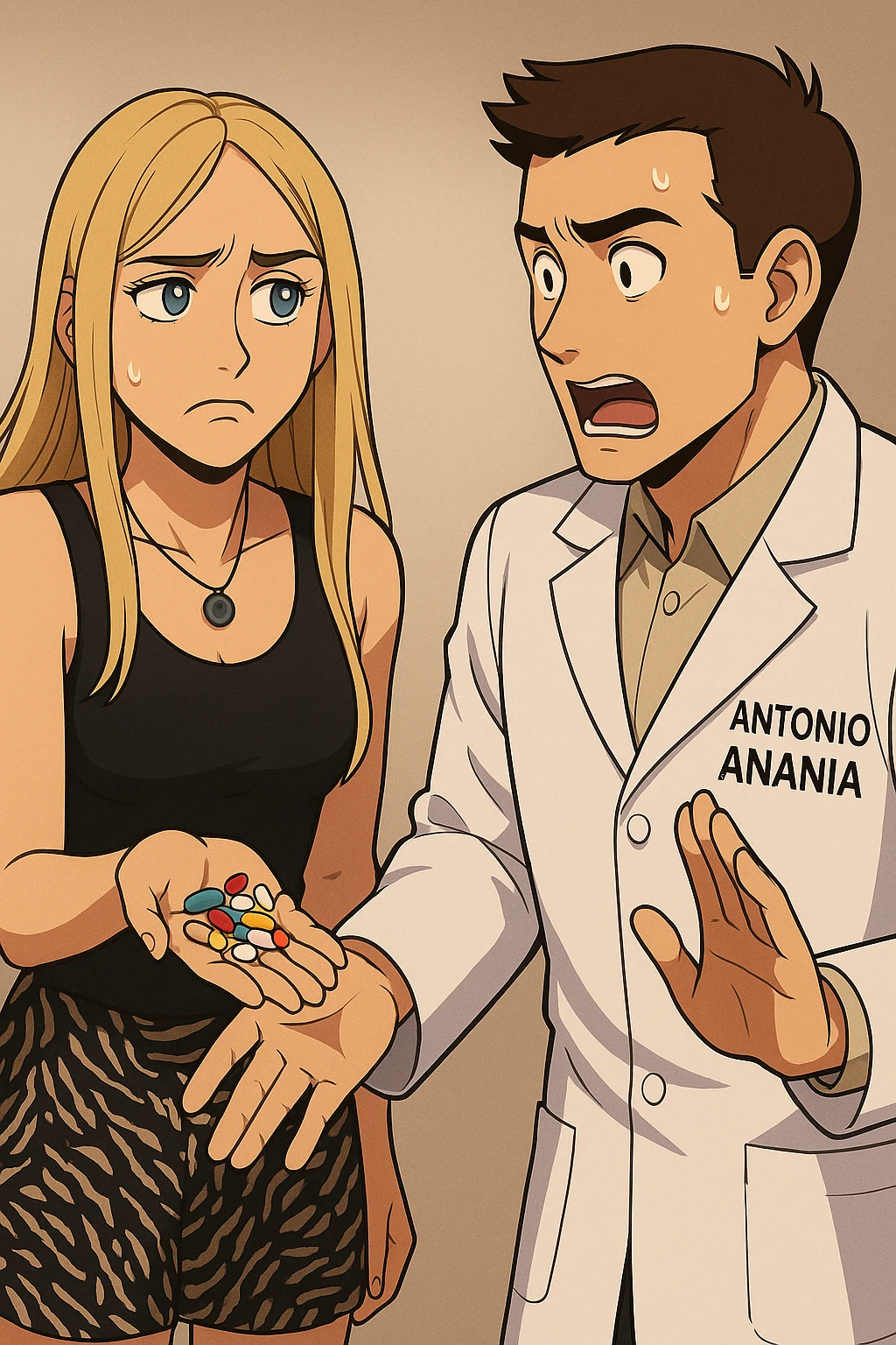 fai un webtoon/manga a colori con questo kinesiologo in camice bianco (fagli la scritta "ANTONIO ANANIA" SUL CAMICE) CHE PARLA CON QUESTA RAGAZZA CON GLI OCCHI AZZURRI. LA RAGAZZA HA UN PUGNO DI INTEGRATORI IN MANO (TANTE PILLOLE DIVERSE) E LE GUARDA DUBBIOSA. IL KINESIOLOGO CON IL CAMICE BIANCO LE DOMANDA UNA COSA SCIOCCATO. NON FARE I FUMETTI, FAI SOLO LORO COME SE DIALOGASSERO emoji