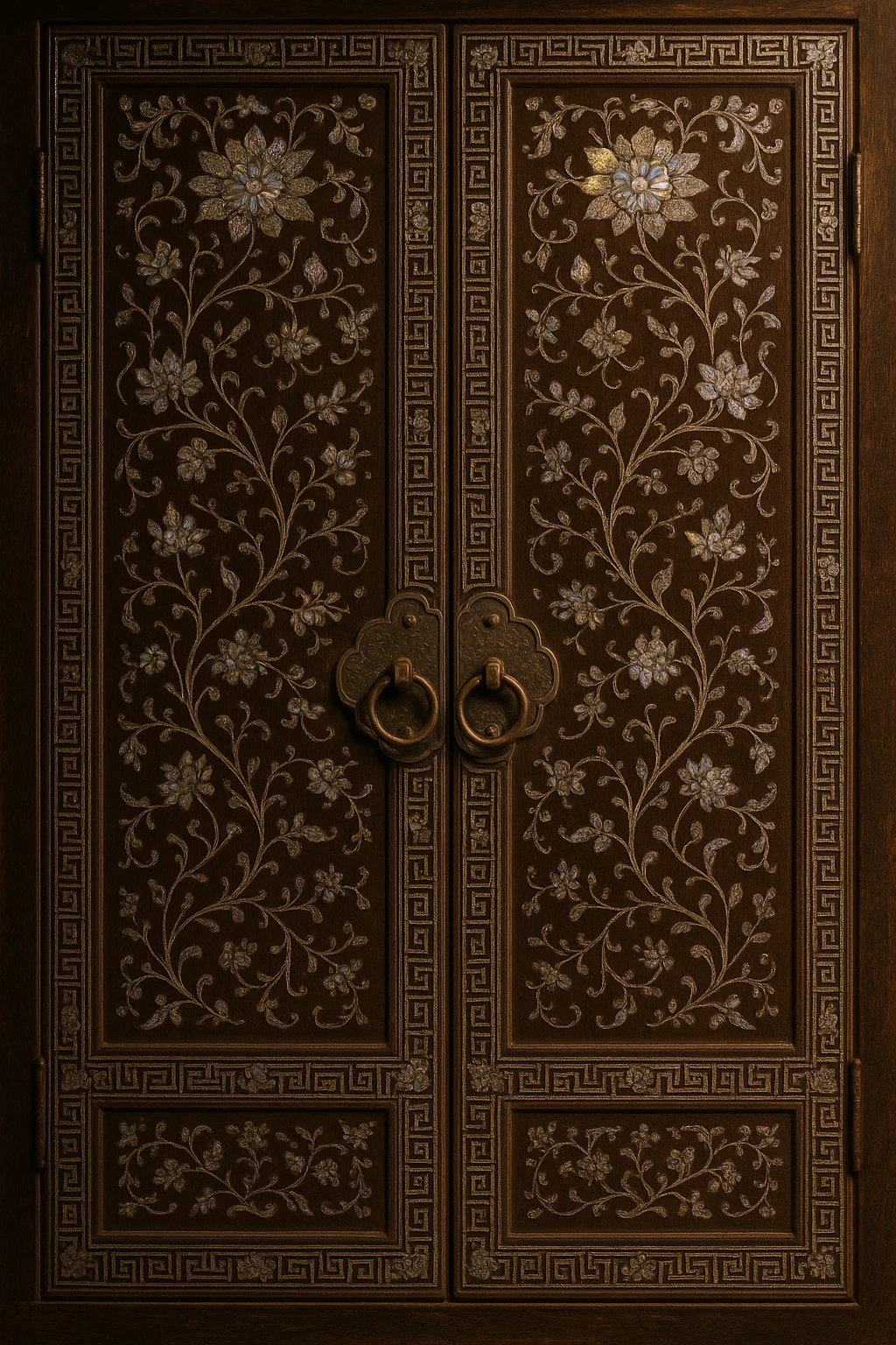 traditional Korean door decorated with mother-of-pearl, sparkling mother-of-pearl pieces and lacquerware patterns, antique and elegant feeling emoji
