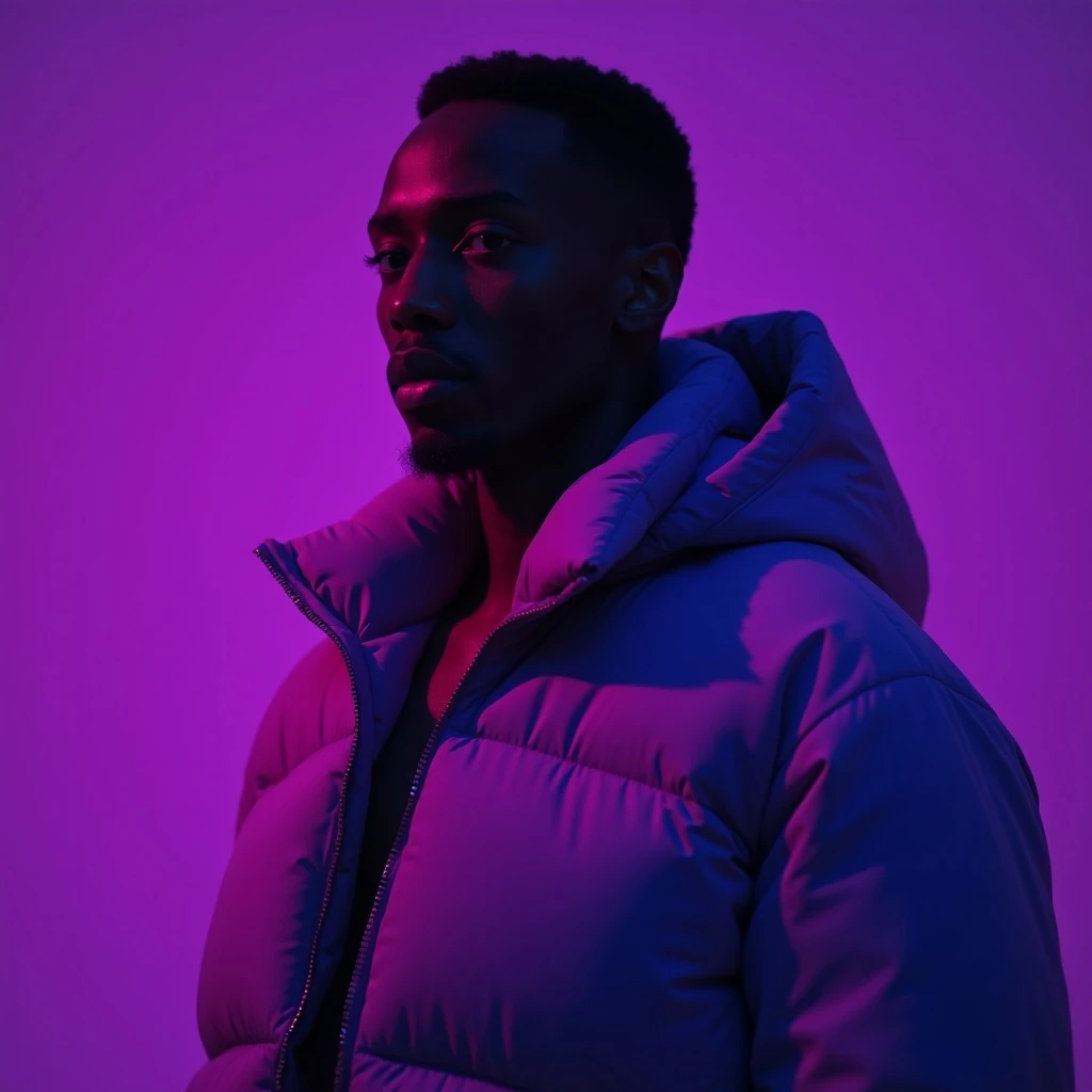 Cinematic still of a black man in purple puffer abstract jacket, purple solid background, cinematic soft lightning emoji