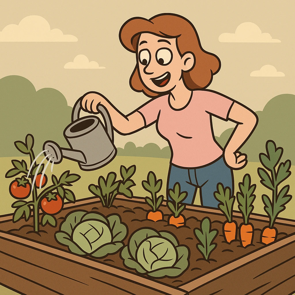 a woman watering plants in a raised bed vegetable garden, flat toon style emoji