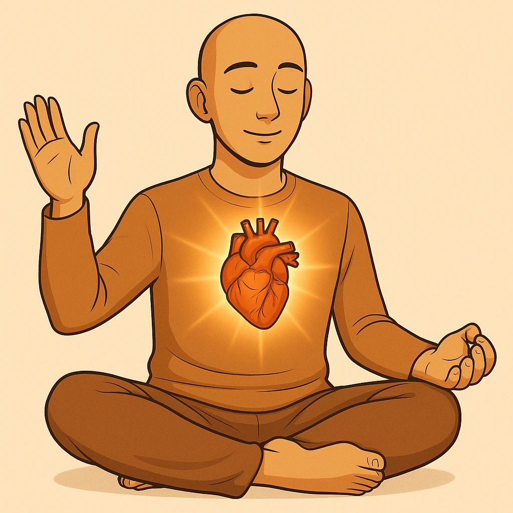 Person is meditating and his heart is glowing and shining, general style, with a real organ heart form, different poses emoji