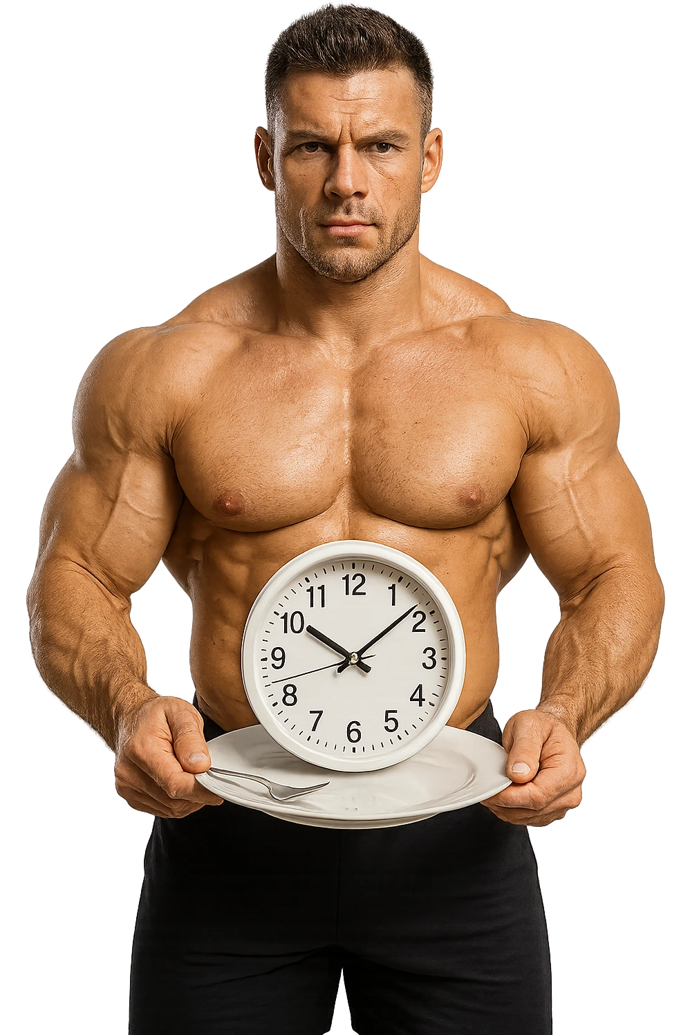 bodybuilder che ha un piatto in mano con un orologio che simboleggia il digiuno intermittente, iperrealistico 4k emoji