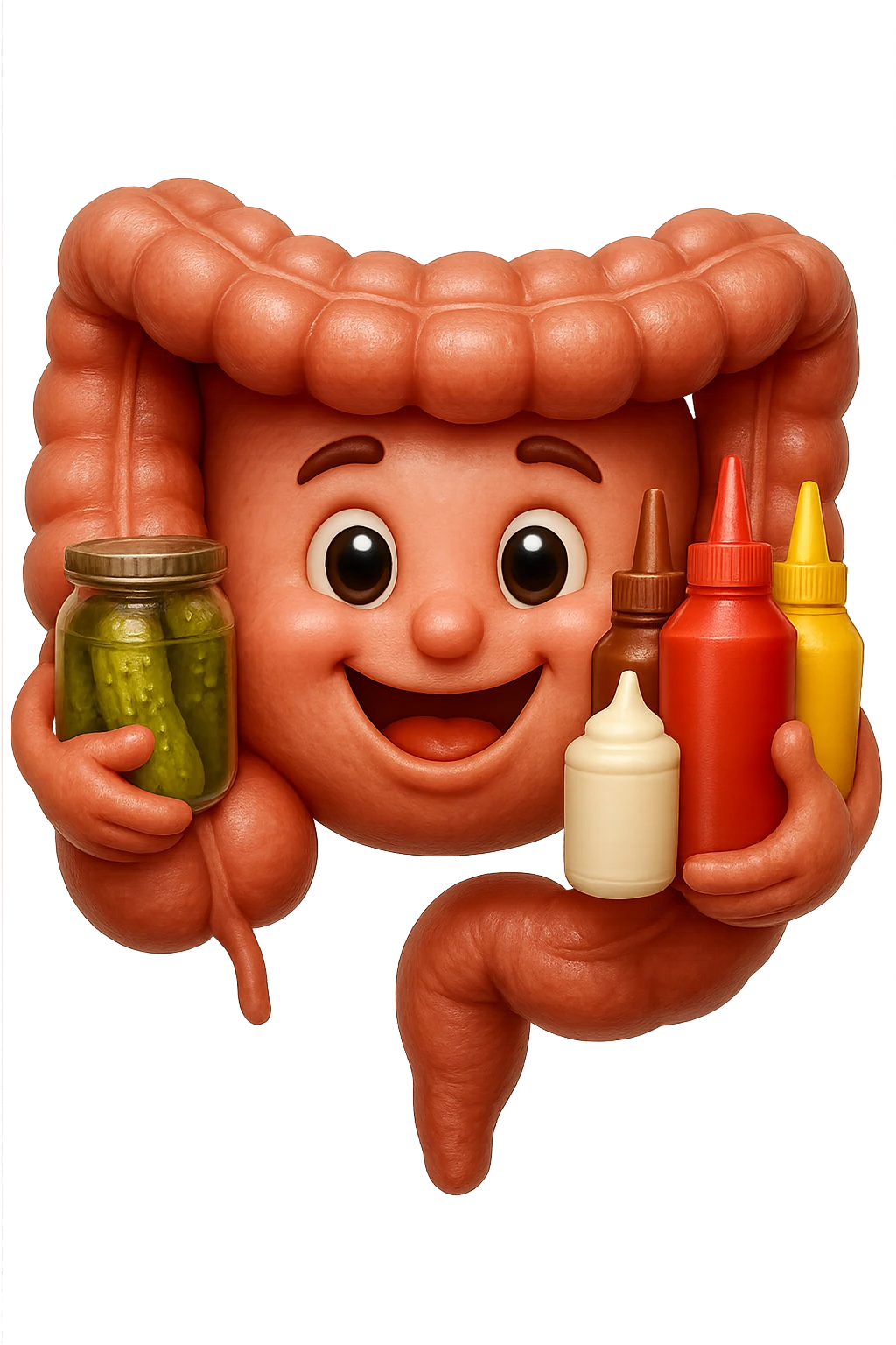 emoji stile iphone di intestino umano con espressione felice mentre tiene in mano cetriolini sottaceto, maionese, salsa barbecue, salsa, senape realistica
IPERREALISTICO 4K emoji