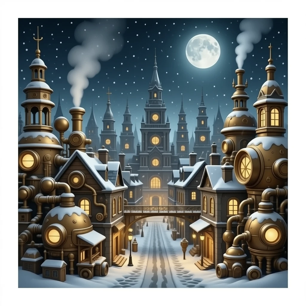 Steampunk stad met heel veel machines levensecht gesitueerd in een sneeuwvalij snachtsj emoji
