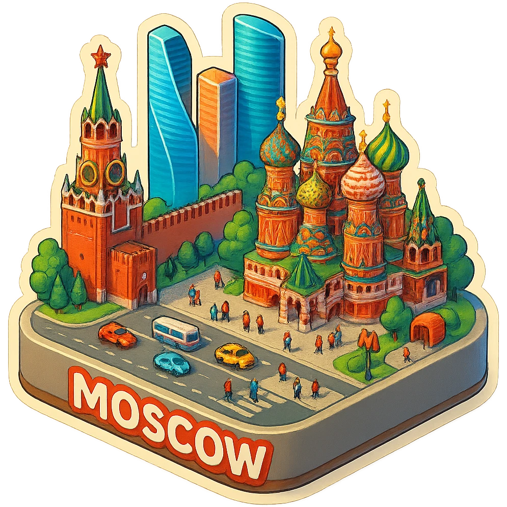 Изометричная миниатюрная 3D модель Москвы на подставке - фотореалистичный Кремль, собор Василия Блаженного, фотореалистичный Башни Москва-Сити, аккуратная детализация, яркие цвета, мультяшный реализм, гуляют люди и современный автотранспорт и метро, компактная композиция, вид сверху в изометрии emoji