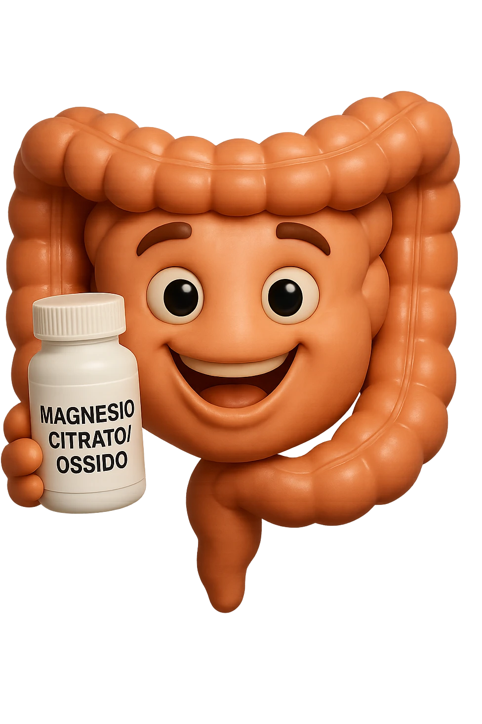 emoji stile iphone 3d di intestino umano felice che tiene in mano una boccetta di magnesio con la scritta "MAGNESIO CITRATO/OSSIDO" SULL'ETICHETTA , iperrealistico 4k emoji