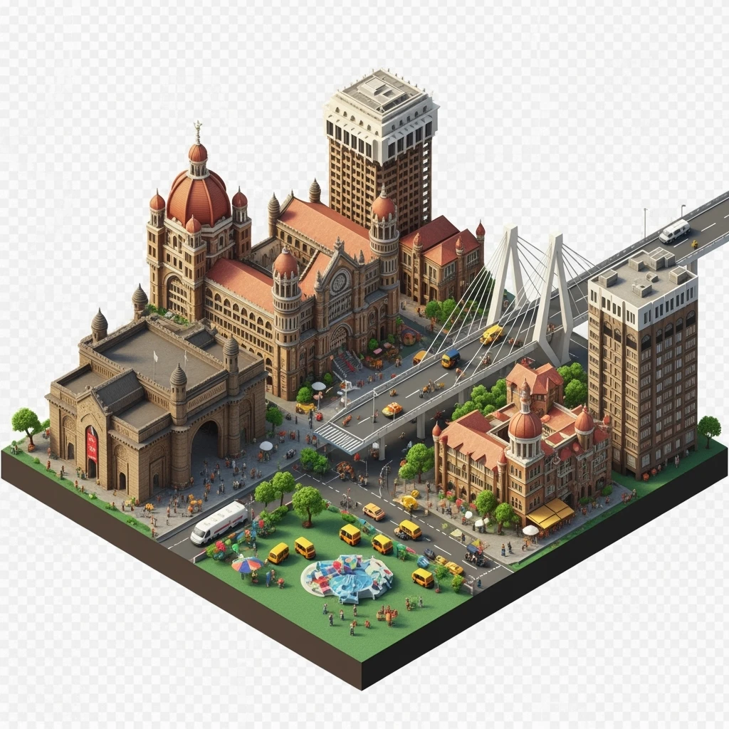Isometric miniature of Mumbai, 3D miniature effect and Tilt Shift effect, no cartoonish look, transparent background. emoji