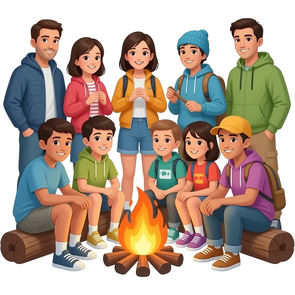 race neutral people around a campfire wearing camping clothing no visible backpacks emoji