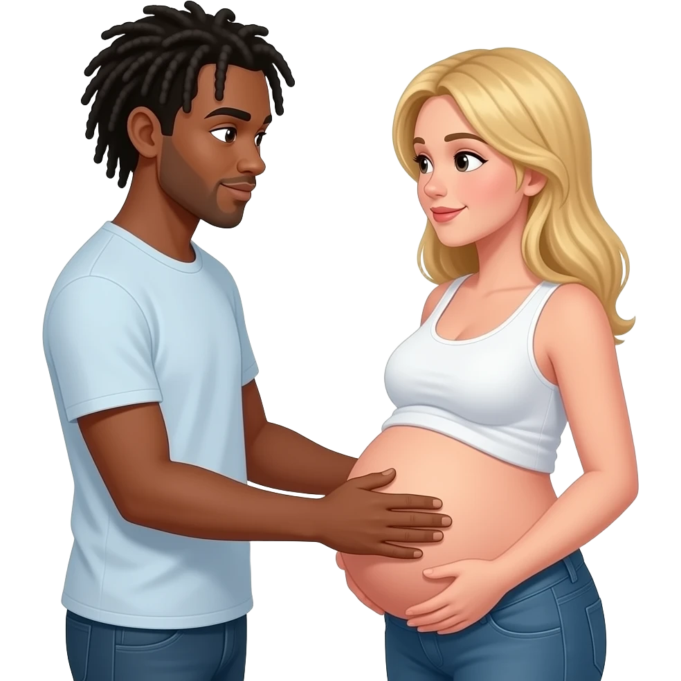 a american born black skinny man with cornrows petting a blonde pregnant womans exposed belly emoji