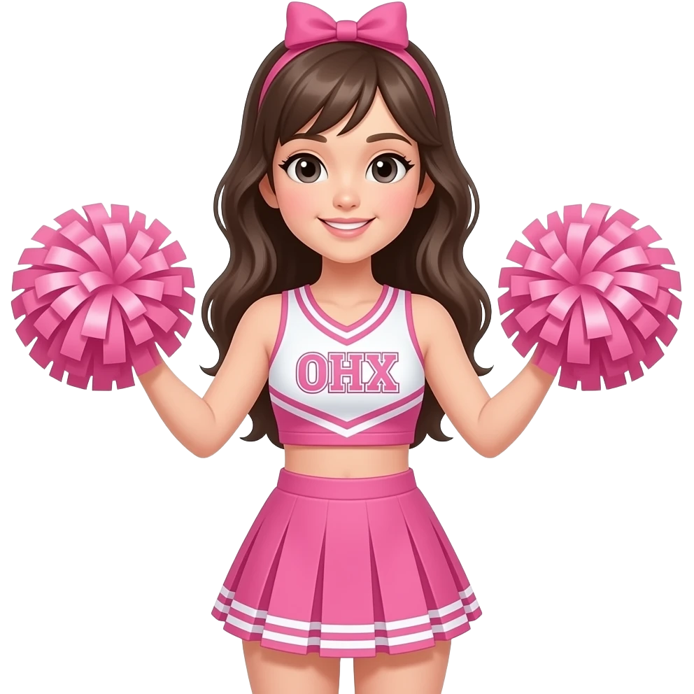 girl with wide shoulders and body wear pink and cheerleader outfit and poom poom in hands with face close up emoji