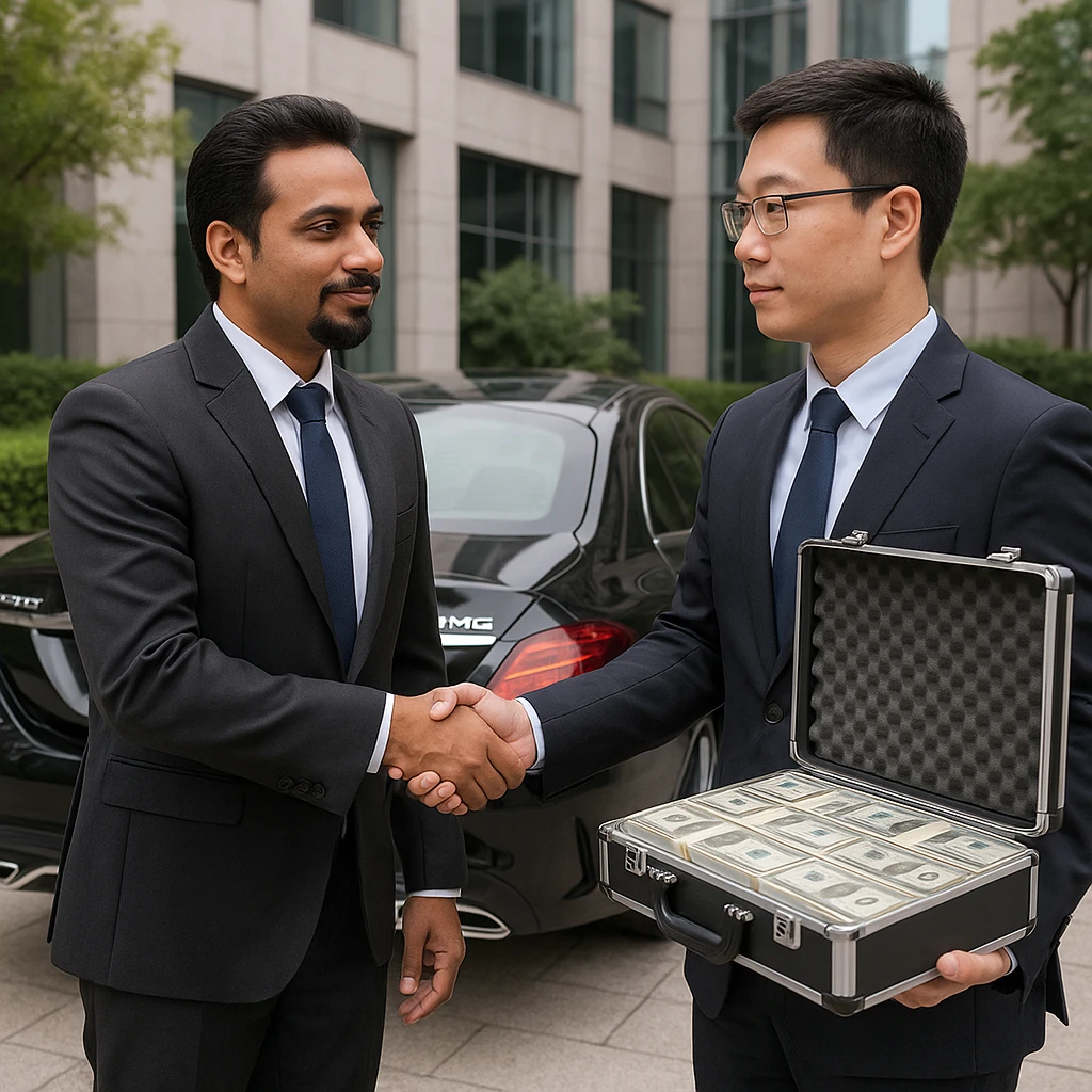 A light-skinned Indian man with a goatee, shaking hands with a Chinese man, giving him a briefcase of money, with an AMG car behind the Indian man. emoji