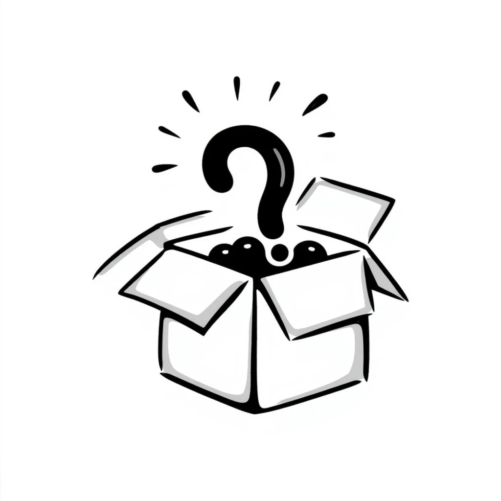 opened gift box with a question mark inside, hand drawn doodle style emoji