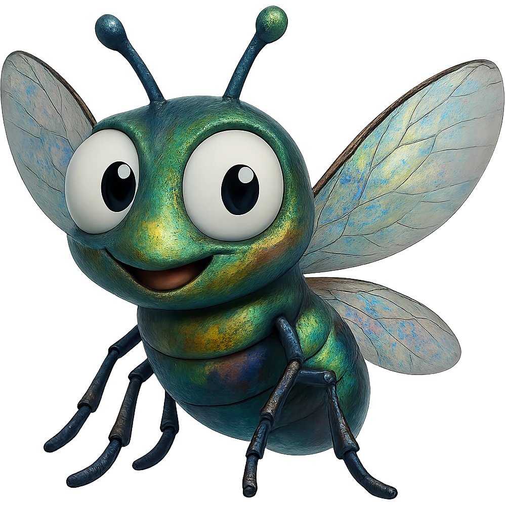 can you change its colors to look more like a real fly but leave it colorful, just add some Iridescent like on a real fly. leave the eyeballs white. trasparent background emoji