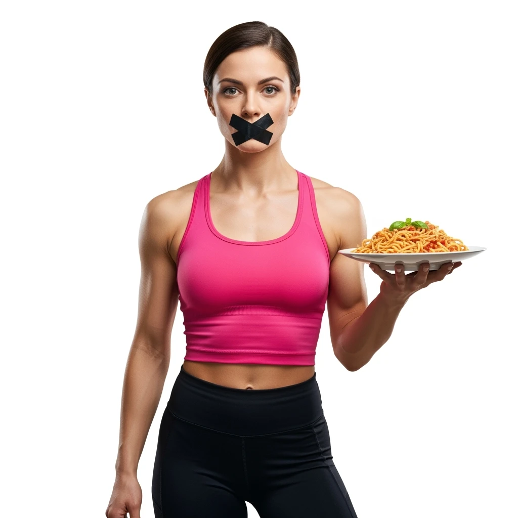 DONNA FITNESS ITALIANA PIATTO DI PASTA IN MANO E SCOTCH A CROCE SULLA BOCCA, IPERREALISTICA 4K, ISOLATA SU SFONDO BIANCO emoji