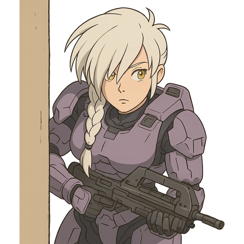 female, wearing reach spartan armor default, long white braid hair with massive messy front side single bangs, gold yellow eyes, attention pose, HALO:series, no helmet, the armor is lavender color scheme, shoulder pad off. DDD bust size fitting. Punk gothic cyberpunk, peeking around a corner wall with a classic halo1 ar emoji