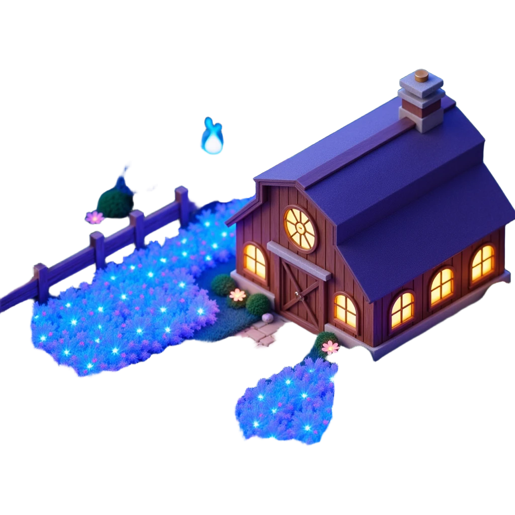Exterior view of a magical cartoon-style farm with glowing blue and purple plants growing in neat rows, enchanted pipes winding through the fields and walls, soft sparkles floating in the air, mystical symbols carved into the barn, emoji-style emoji