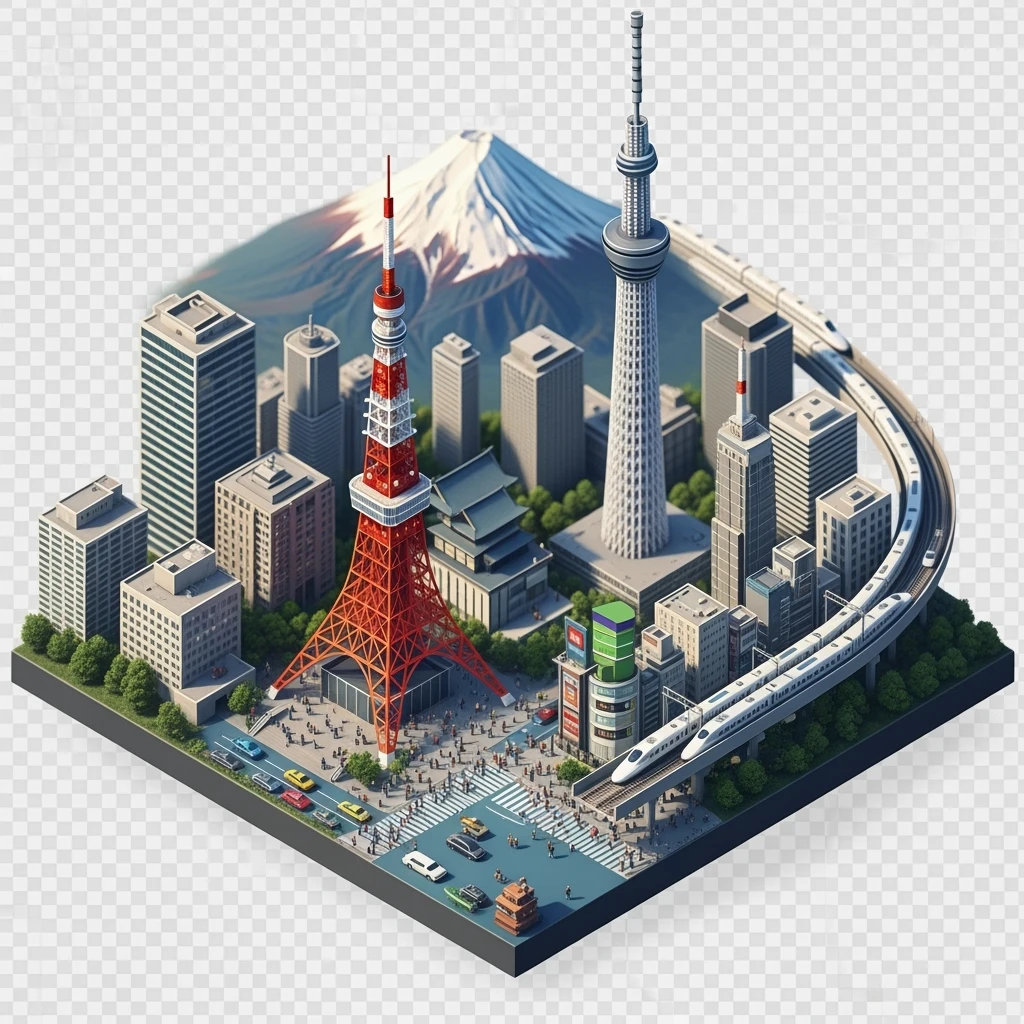 Isometric illustration of Tokyo, with photorealistic detailed miniature cityscape included Tokyo Tower, Skytree, Shibuya Crossing, Mount Fuji in background, high-speed trains, subtle 3D miniature effect and Tilt Shift effect, no cartoonish look, transparent background. emoji