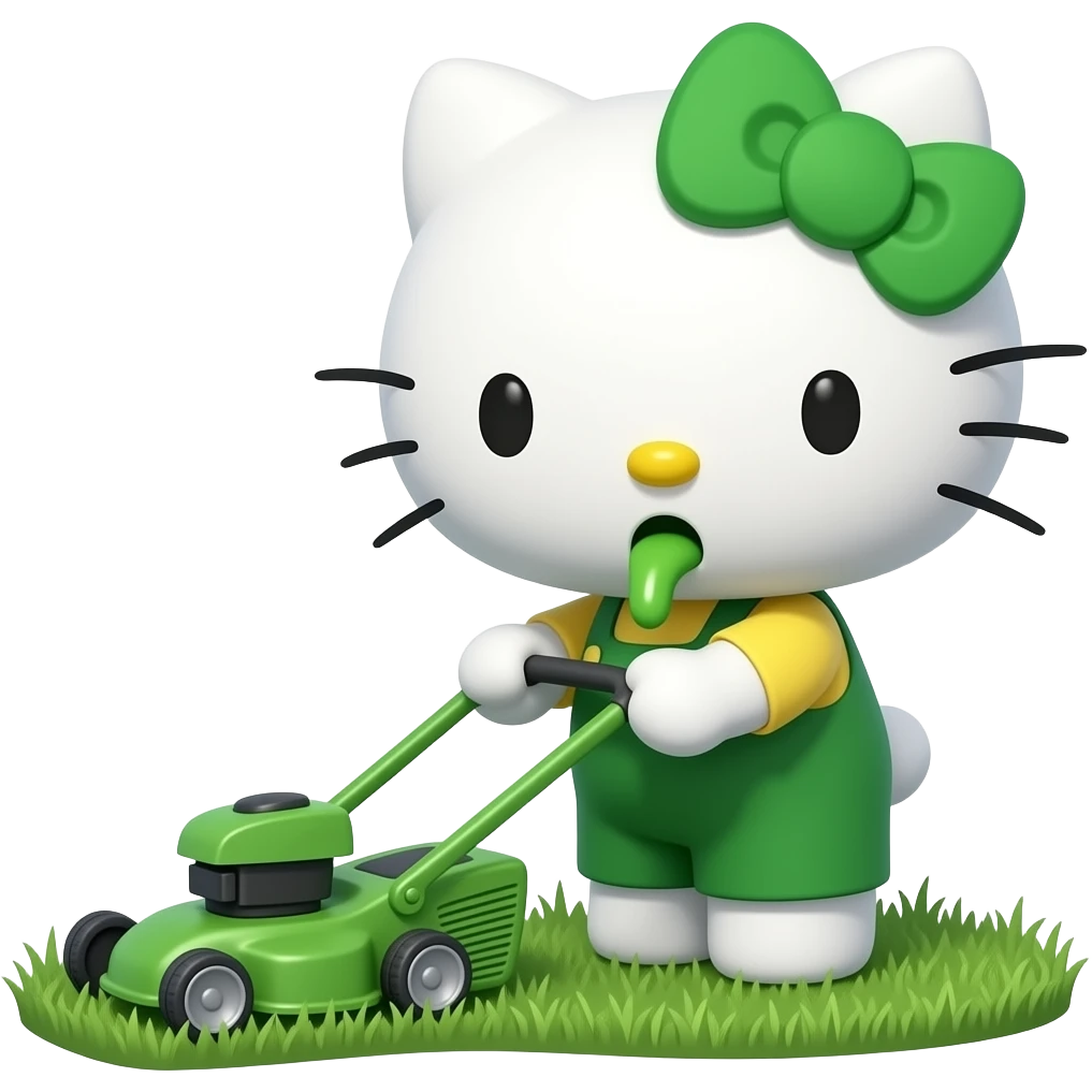 A green and white Hello Kitty is mowing the lawn with a lawnmower and throwing up while doing so emoji