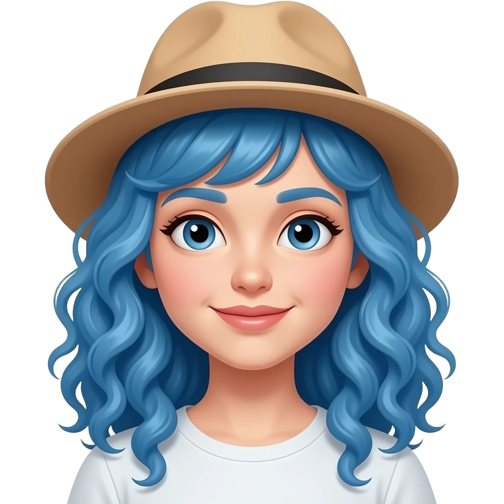 young lady with blue curly hairs and wear hat emoji