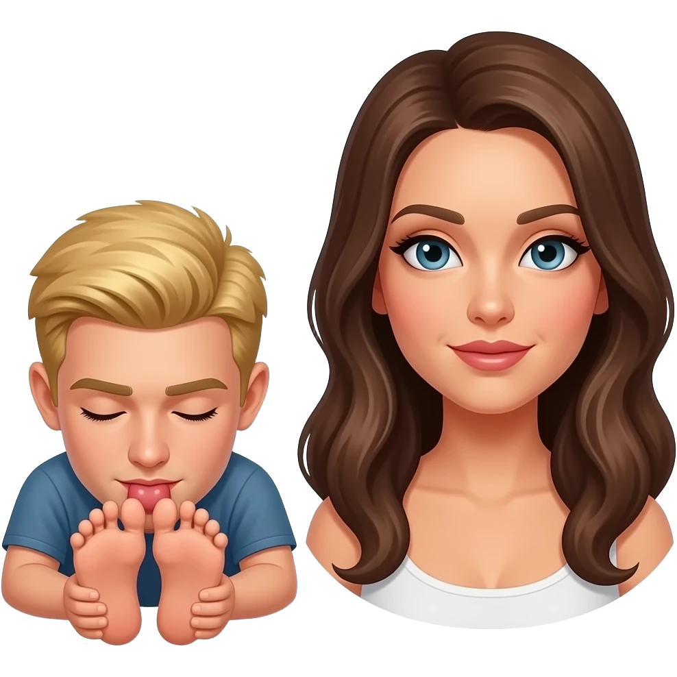Blonde man with closed eyes bowed, licking soles of a dominant brunette emoji