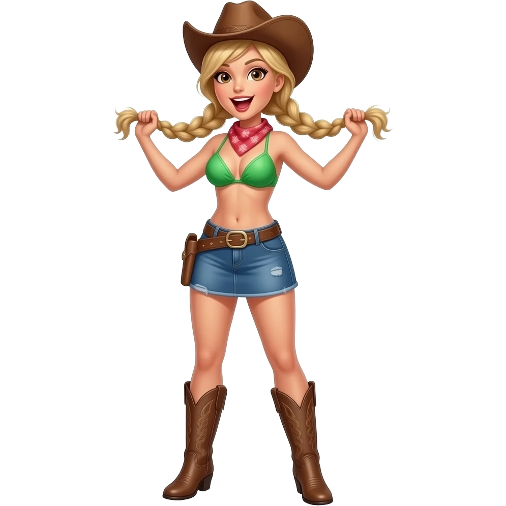 Sexy Cowgirl in green bikini top, short denim skirt with slim face, open mouth, brown eyes and blonde hair with tight pigtail braids and knee high boots emoji