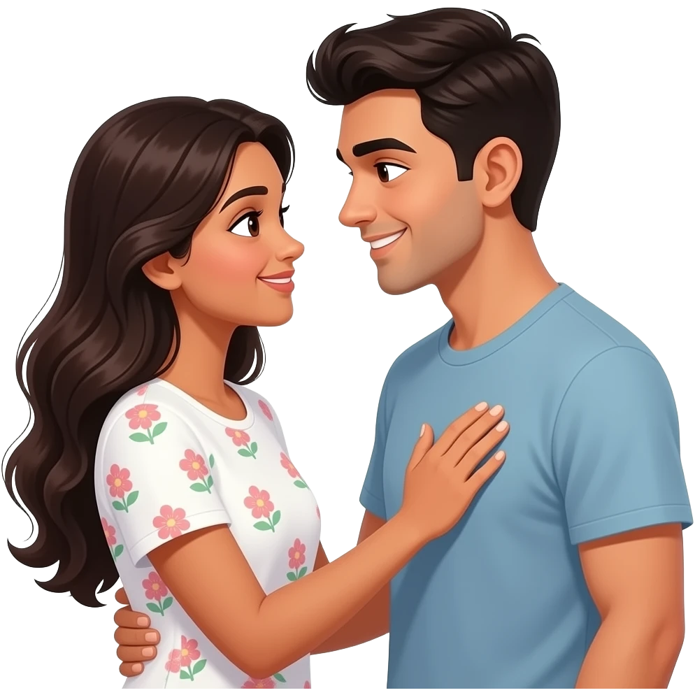 long haired Indian lady in white small floral T-shirt holding her hand on boyfriend heart looking at each other lovingly smiling shyly Face to face emoji