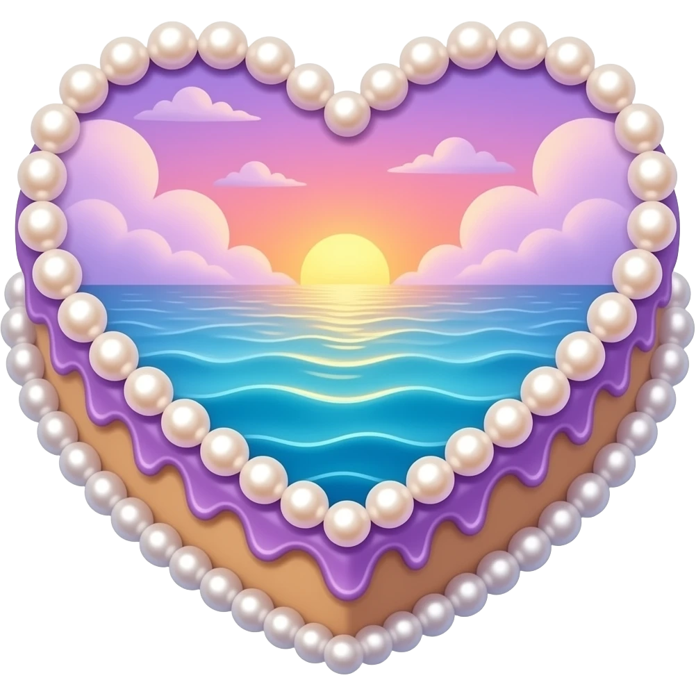 heart cake with pearls and ocean water washing up as icing on the cake with clouds and a sunset and the majority of the cake is pink purple and blue with a hint of orange emoji