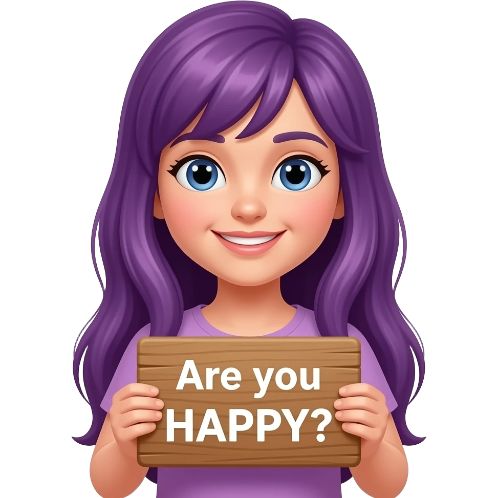 girl with long purple hair holding a Are you HAPPY? sign emoji