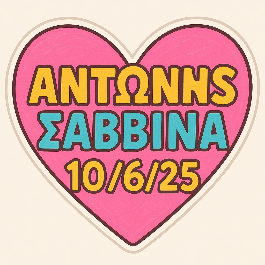 Add the date 10/6/25 below the Greek names ΑΝΤΩΝΗΣ and ΣΑΒΒΙΝΑ in the heart, keeping the playful and colorful style. emoji