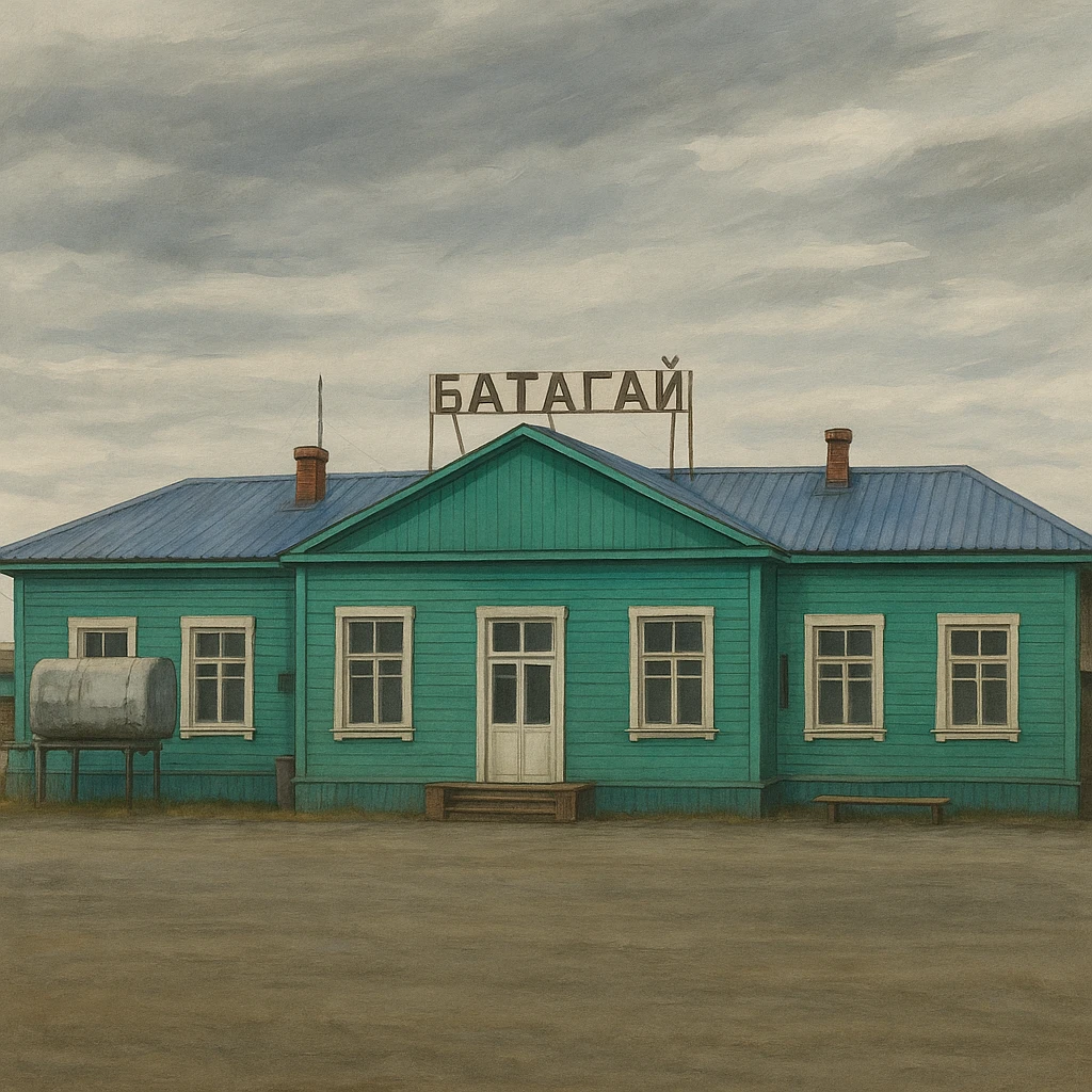 Используя эту стилистику, сгенерируй фотореалистичную картинку  домика с надписью Батагай emoji